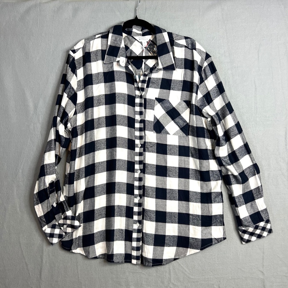 Market & Spruce Flannel Shirt Womens XL Navy White Buffalo Plaid NWT